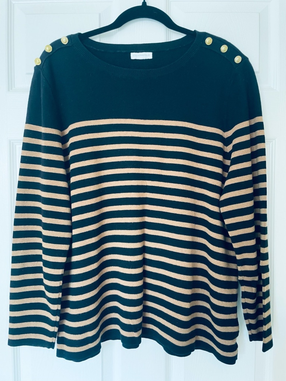 EUC Charter Club Striped Boat Neck Sweater | Black Tan Gold Button